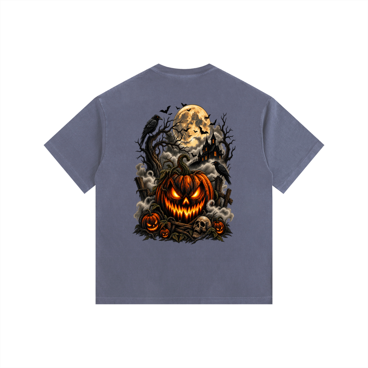Vintage Washed Oversized Cotton T-Shirt- Spooky Jack-O’-Lantern Graphic