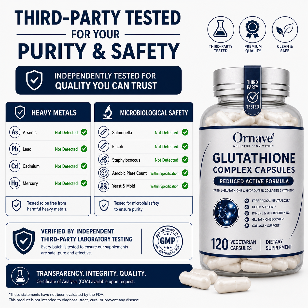 Ornave' Glutathione Complex Capsules – 1000mg Reduced L-Glutathione, 120 Capsules