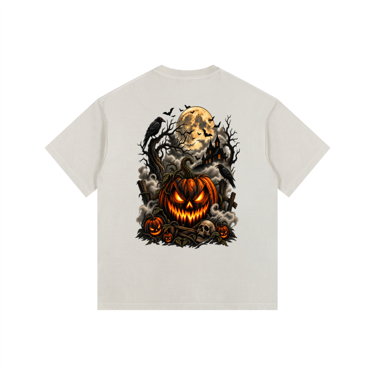 Vintage Washed Oversized Cotton T-Shirt- Spooky Jack-O’-Lantern Graphic