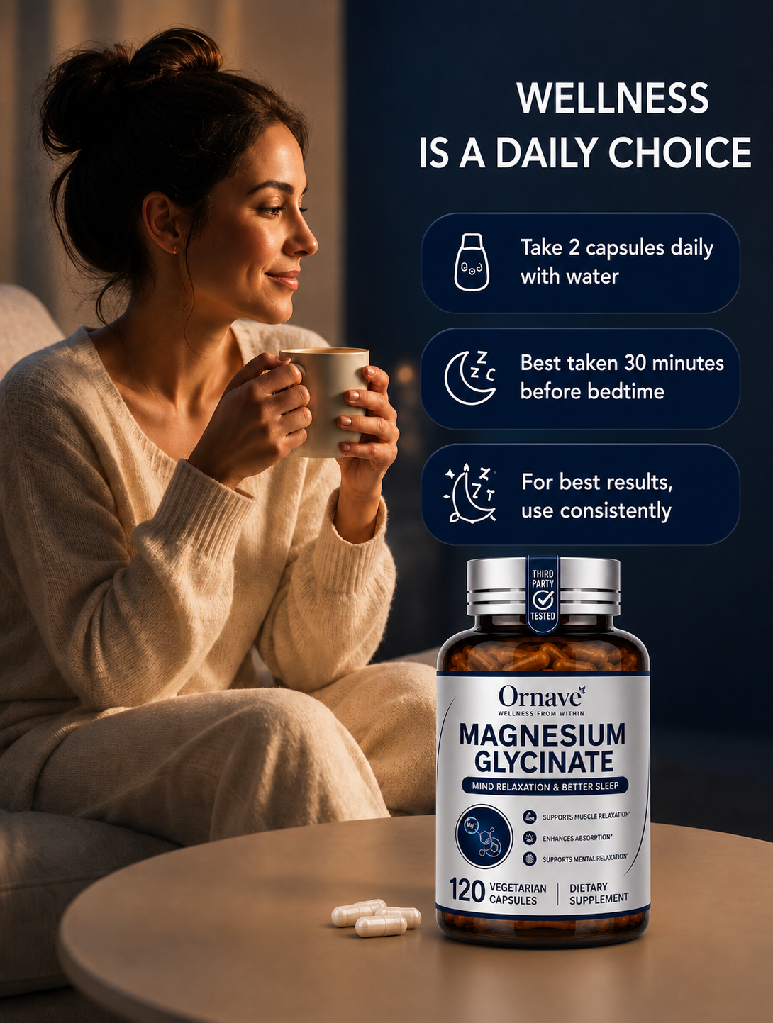 Ornave' Magnesium Glycinate Complex Capsules , 120 Capsules