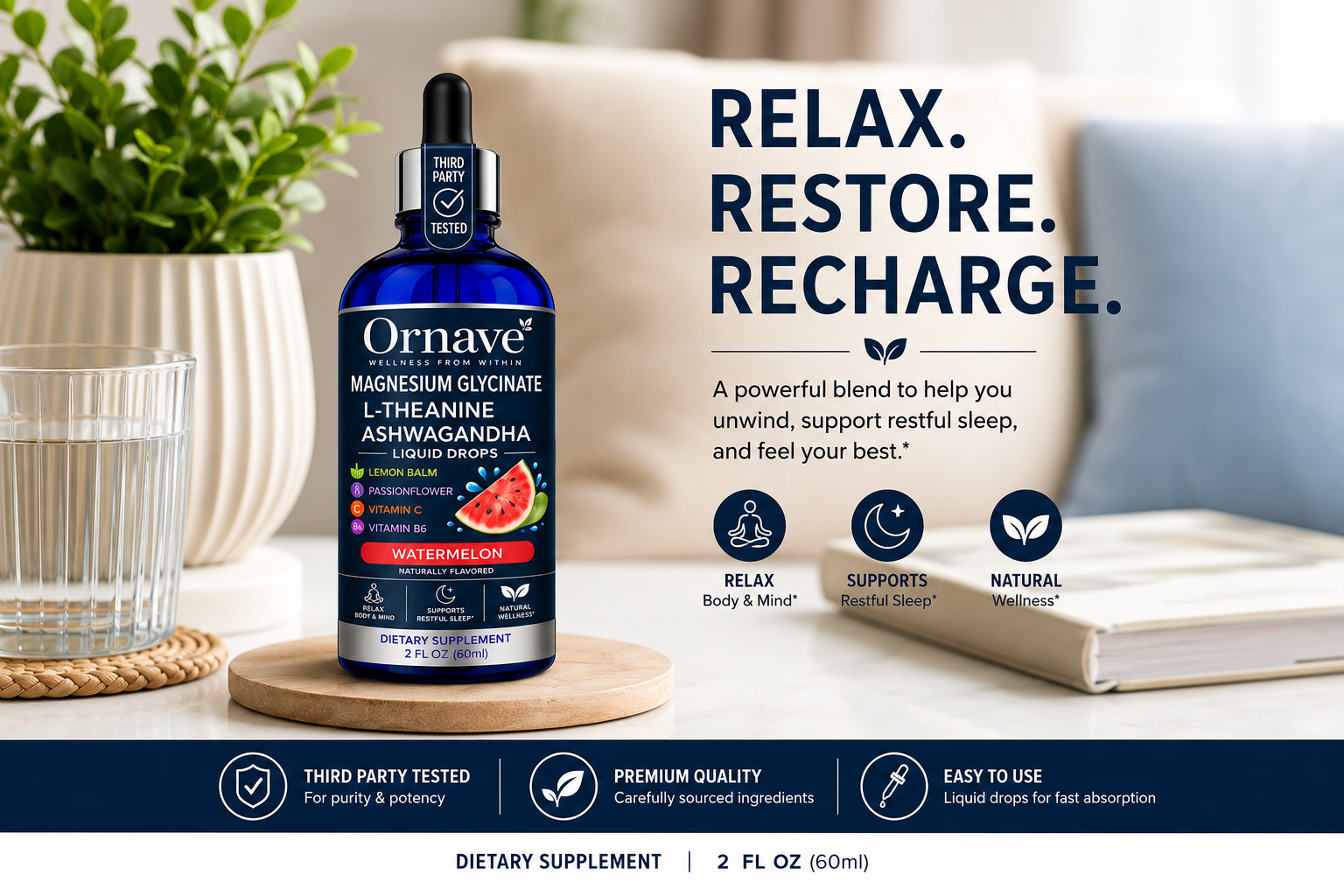 Ornave' Magnesium Glycinate Sleep Liquid Drops, 60 mL