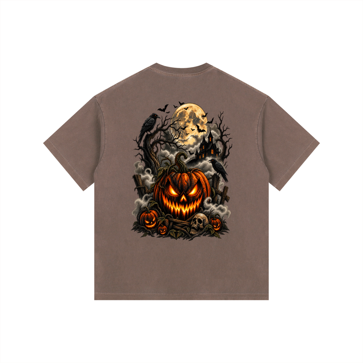 Vintage Washed Oversized Cotton T-Shirt- Spooky Jack-O’-Lantern Graphic