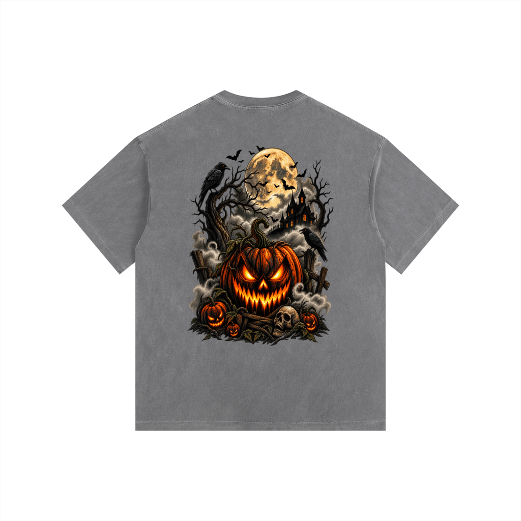 Vintage Washed Oversized Cotton T-Shirt- Spooky Jack-O’-Lantern Graphic