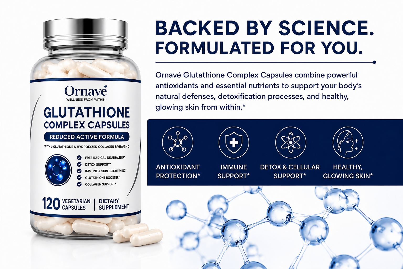 Ornave' Glutathione Complex Capsules – 1000mg Reduced L-Glutathione, 120 Capsules