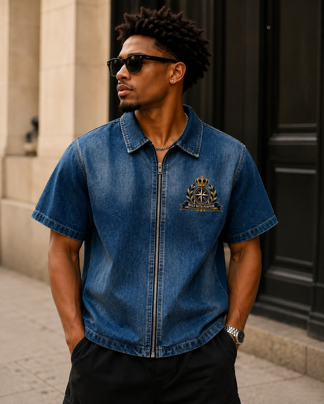 Unisex Vintage Washed Full-Zip Denim Shirt