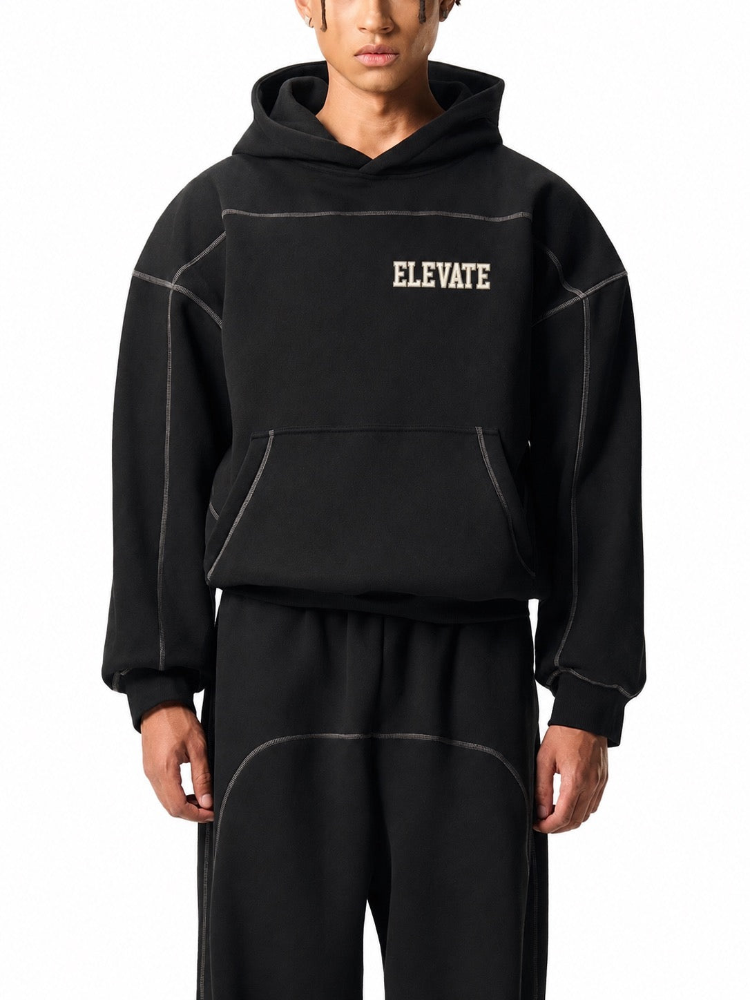Contrast-Stitched Boxy Fleece Hoodie Set