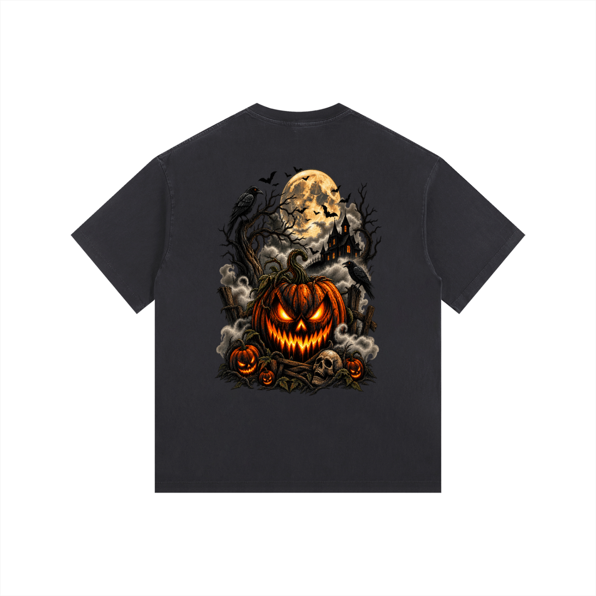 Vintage Washed Oversized Cotton T-Shirt- Spooky Jack-O’-Lantern Graphic