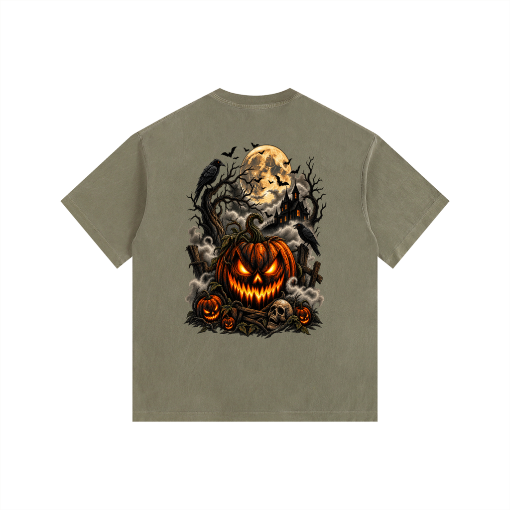 Vintage Washed Oversized Cotton T-Shirt- Spooky Jack-O’-Lantern Graphic