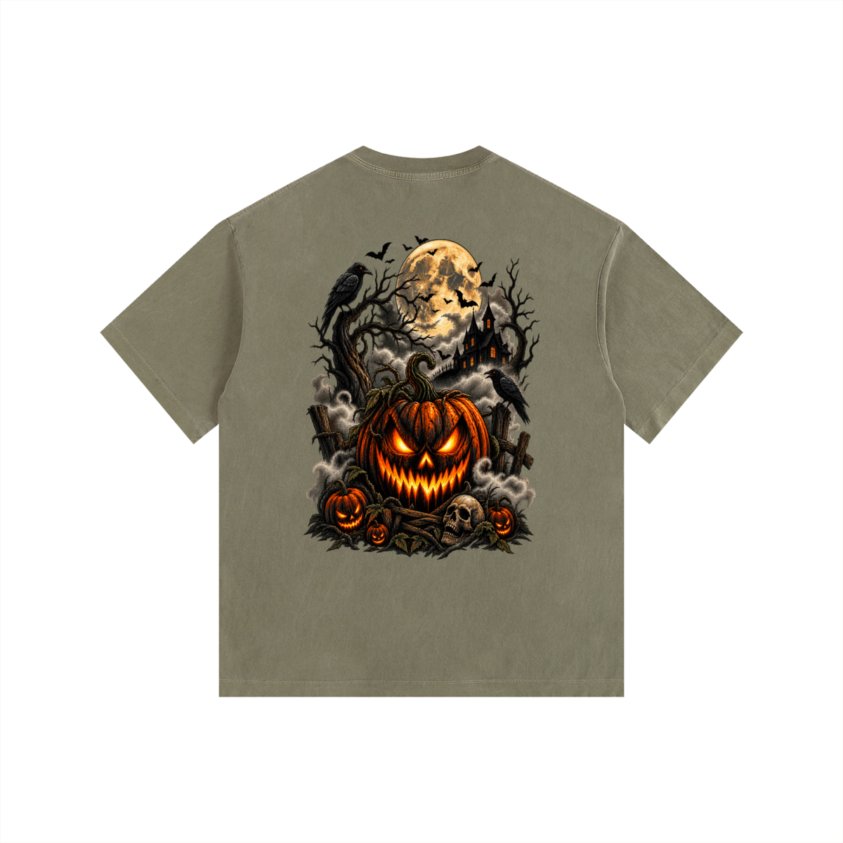 Vintage Washed Oversized Cotton T-Shirt- Spooky Jack-O’-Lantern Graphic