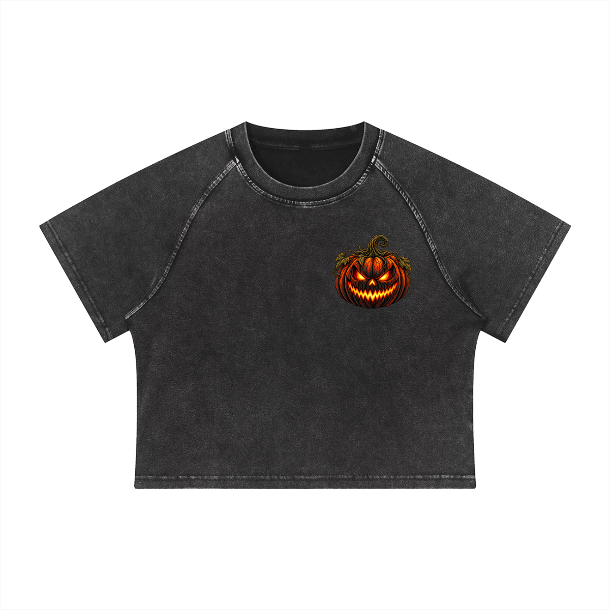 Women's Mineral Wash Raglan Crop T-Shirt-Spooky Jack-O’-Lantern Graphic
