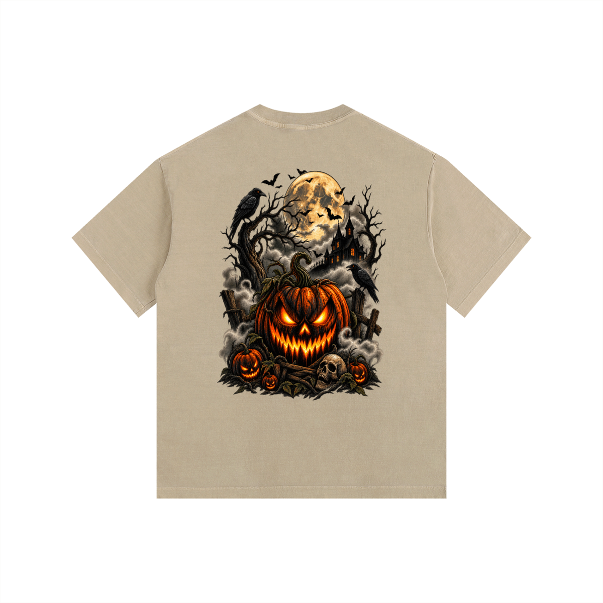 Vintage Washed Oversized Cotton T-Shirt- Spooky Jack-O’-Lantern Graphic
