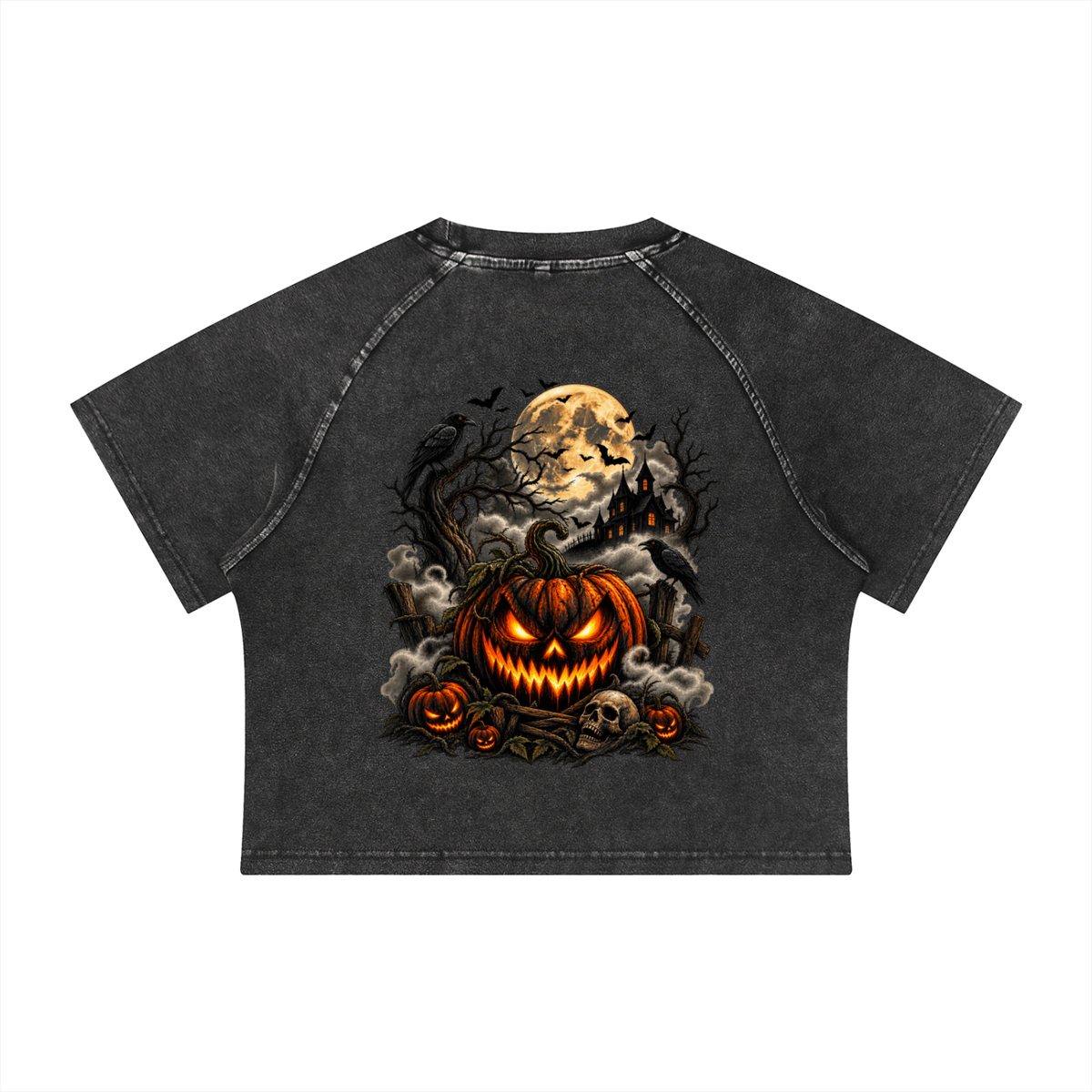 Women's Mineral Wash Raglan Crop T-Shirt-Spooky Jack-O’-Lantern Graphic