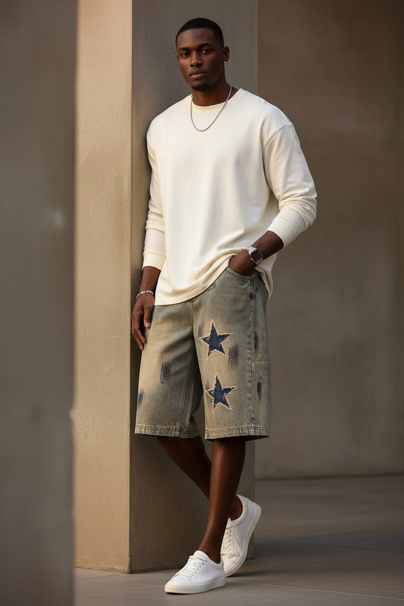 Stylish model wearing the denim shorts