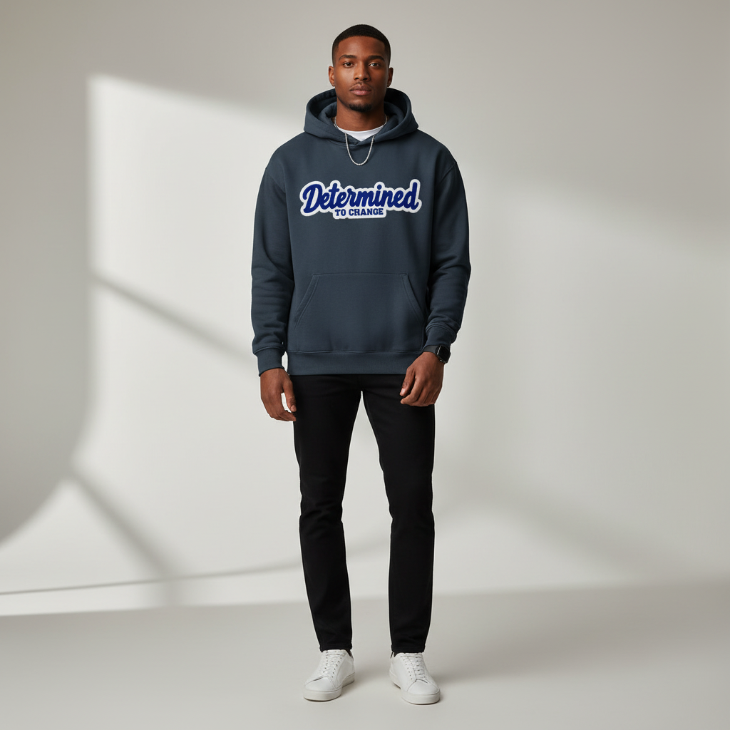 Stylish model wearing the Determined to Change hoodie